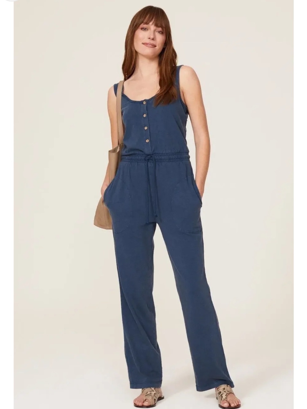 Faherty Blue Terra Drawstring Waist Organic Cotton Jumpsuit Size Large